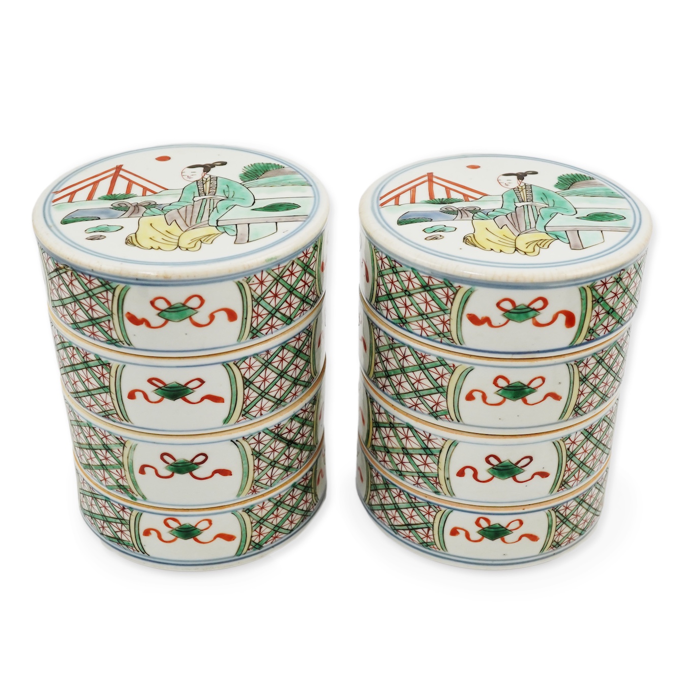 A pair of Chinese famille verte stacking containers, 18th/19th century